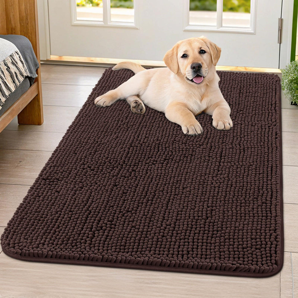 Smiry dog door mat absorbent-chenille traps moisture to keep entryways dry.