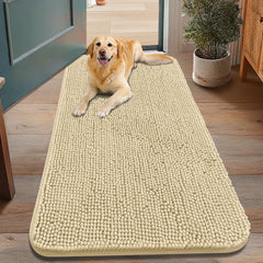 Smiry dog door mat in cream shows absorbent plush fibers trapping mud at the entry