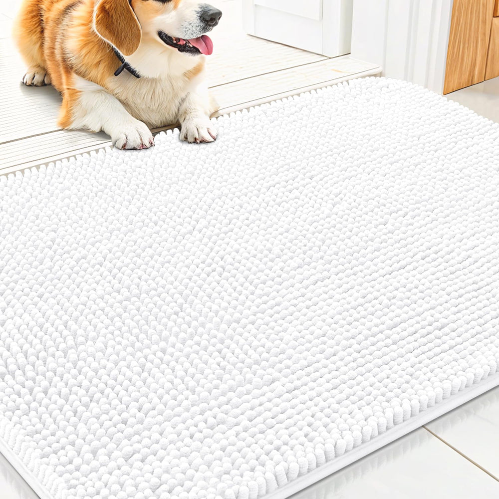 Smiry dog door mat closeup shows plush chenille pile and cozy feel for pets.