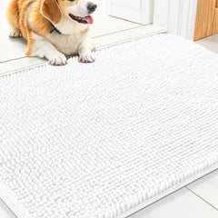 Smiry dog door mat closeup shows plush chenille pile and cozy feel for pets.