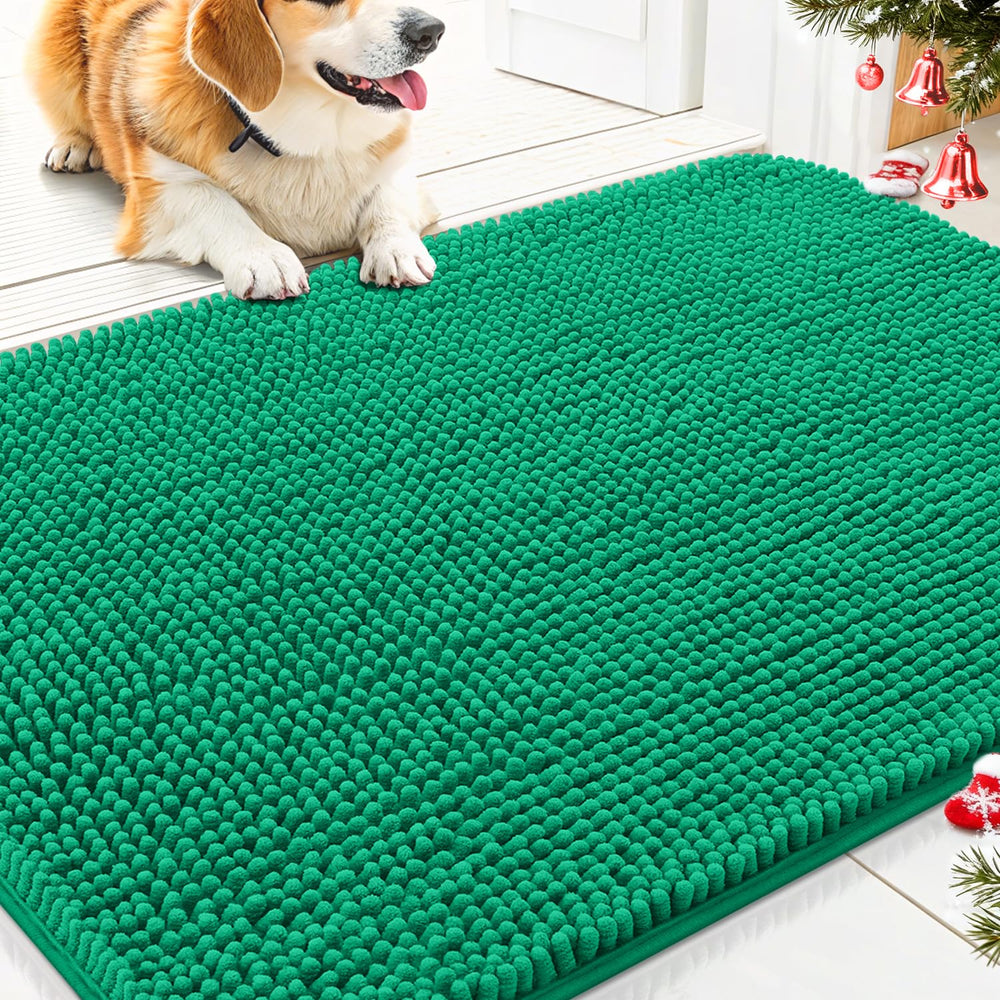 Smiry dog door mat in emerald green for front door; moisture absorption reduces mud indoors