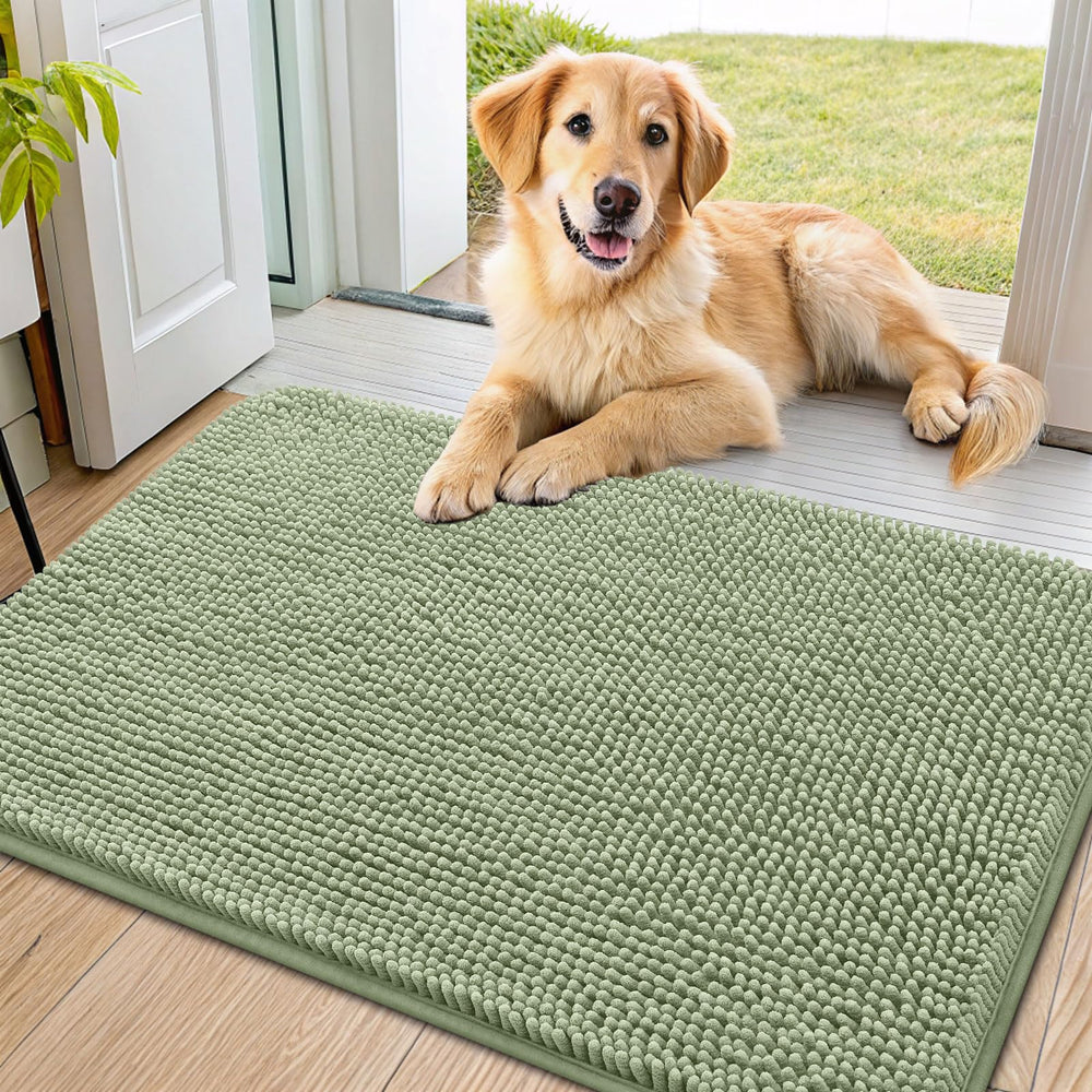 Smiry dog door mat muddy paws close-up, plush chenille traps moisture