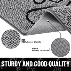 Smiry dog door mat with non-slip rubber base stays put on dry floors.