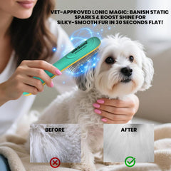 Smoothway flea comb demonstrating negative ion function for coat shine.