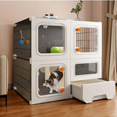 SNAAT cat cage enclosure with litter box design for simplified cleanup and monitoring.