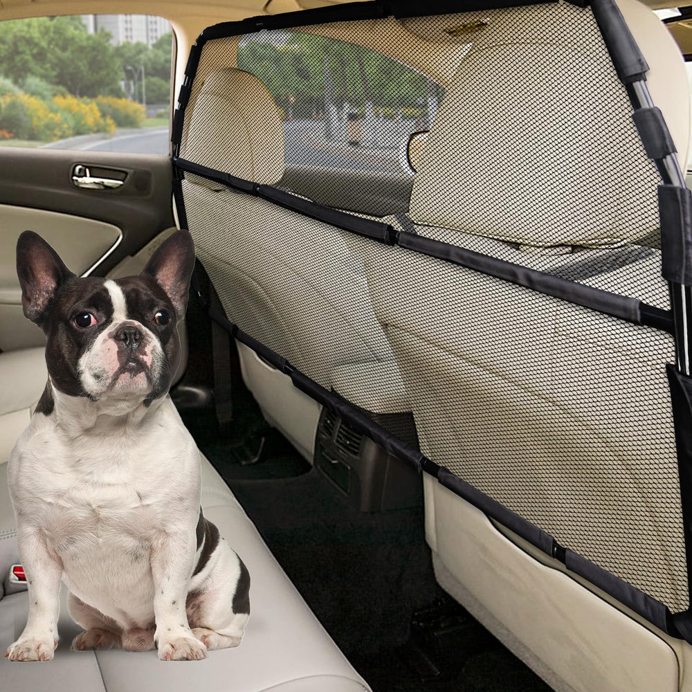 Snagle Paw dog car barrier covering the full backseat for secure road trips.