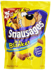 Snausages in a Blanket cheese exterior with beef center for tasty rewards.