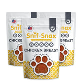 Snif-Snax smoked-chicken-breast-dog-treats 4oz 3-pack in a resealable bag for training rewards.