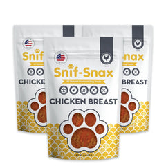 Snif-Snax smoked-chicken-breast-dog-treats 4oz 3-pack in a resealable bag for training rewards.