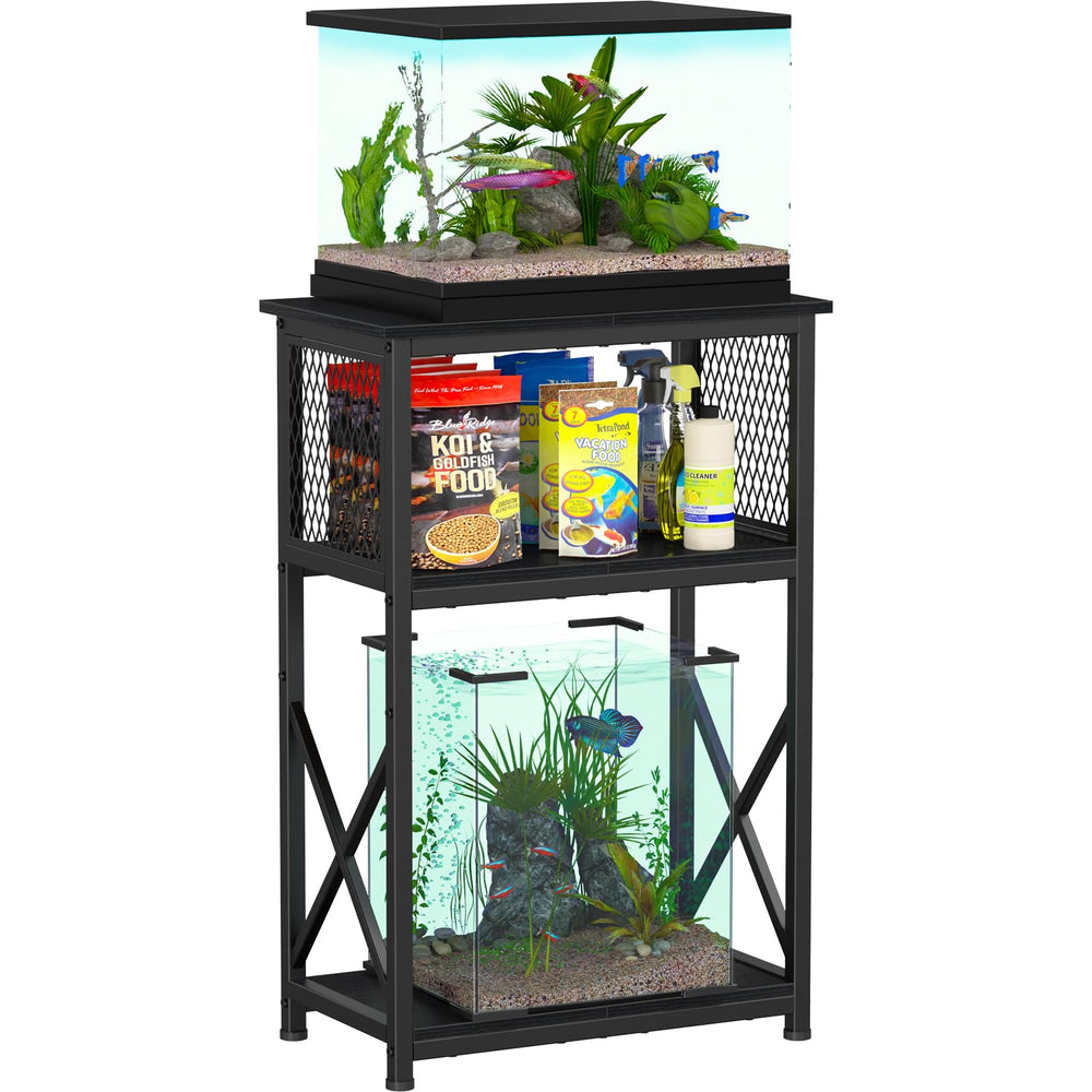 Snughome 10-gallon aquarium stand top view demonstrates stable three-tier setup.