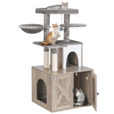 Snughome cat litter enclosure with tree tower showcases space-saving cat furniture.
