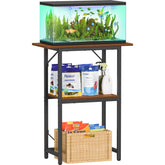 Snughome fish tank stand front view shows sturdy rustic design and stable two-tier shelves.