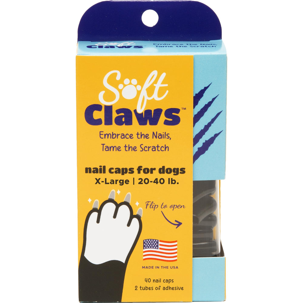 Soft Claws nail caps USA-made box front showing floor protection benefits.