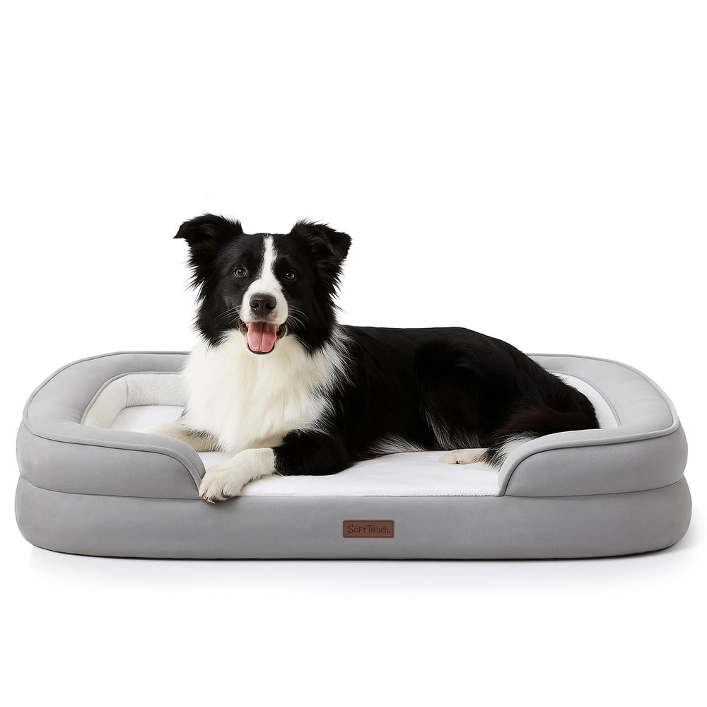 Soft Touch orthopedic dog bed with grey faux fur top offering cozy naps