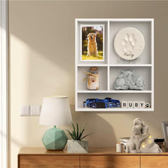 Sofunii Pet Memorial Shadow Box inside view demonstrates adjustable shelves for photos and paw prints.