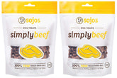 Sojos Simply Beef dog treats pack image showing two 4-ounce bags for convenient training rewards.