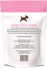Sojos Simply Lamb freeze-dried dog treats close-up showing lamb meat chunks for tasty on-the-go snacking