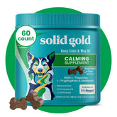 Solid Gold calming chews bottle shows easy-to-dispense bacon-flavored bites for calm moments