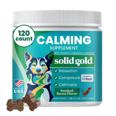 Solid Gold Calming Chews bottle pour demonstrates convenient calming treats for travel.