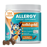 Solid Gold dog allergy chews bag front, bacon flavor for skin comfort and seasonal support.
