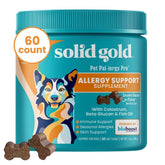 Solid Gold dog allergy relief chews bottle closeup promotes skin and coat health