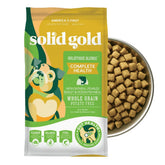 Solid Gold dry dog food adult senior bag pour shows easy serving for meals