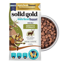 Solid Gold venison kibble close-up showing grain-free formula for gentle digestion