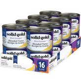 Solid Gold Five Oceans tuna shreds in gravy cans highlight premium protein for cats.