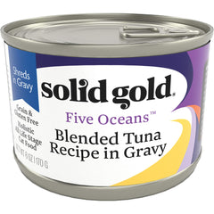 Solid Gold Five Oceans wet food can label highlights real tuna and premium ingredients.