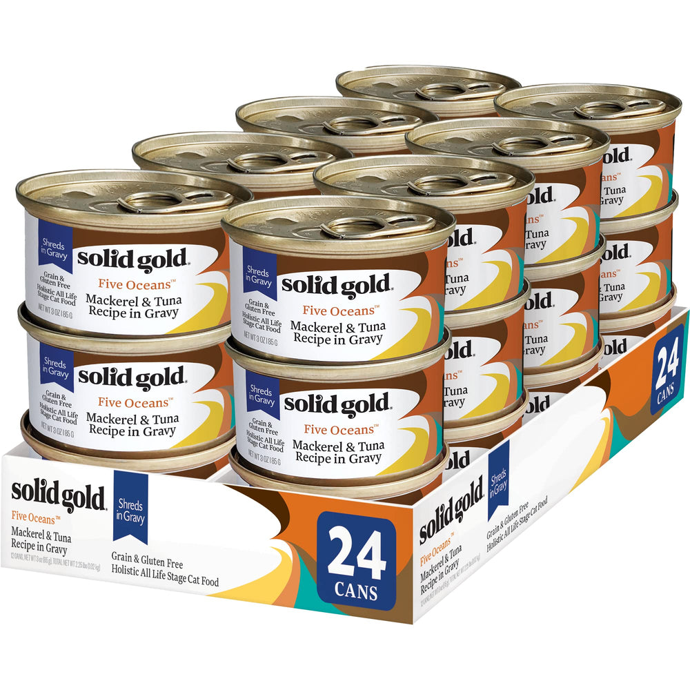 Solid Gold Five Oceans wet cat food can with mackerel and tuna in gravy promotes hydration and protein