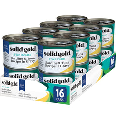 Solid Gold Five Oceans shreds in gravy with tuna and sardine offer premium protein and hydration.