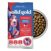 Solid Gold healthy weight dry dog food bag highlights lean pollock protein for digestion support.