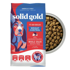 Solid Gold healthy weight dry dog food bag highlights lean pollock protein for digestion support.