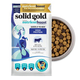 Solid Gold high-protein dog food bag closed highlighting protein-packed nutrition for active dogs.
