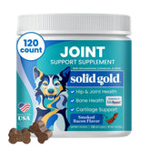 Solid Gold hip joint chews with bacon flavor boost mobility for dogs.