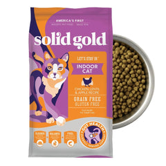 Solid Gold Indoor Cat Food bag front shows grain-free formula supporting gentle digestion for indoor cats.