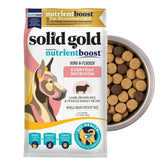 Solid Gold Lamb dog food bag shows high-protein formula for lean muscle support.
