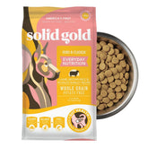 Solid Gold lamb dog food packaging showcases premium ingredients for healthy digestion.