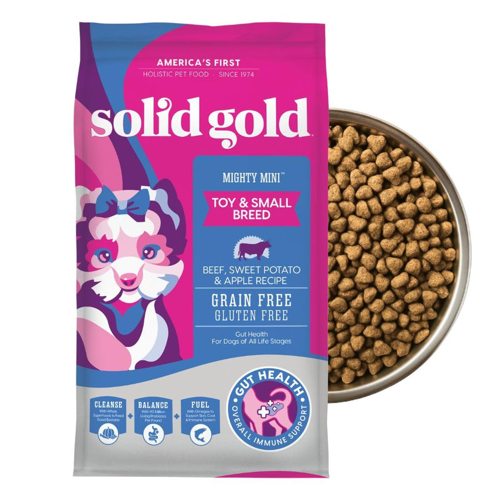 Solid Gold Mighty Mini packaging image for small-breed nutrition highlighting premium formula