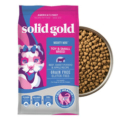 Solid Gold Mighty Mini packaging image for small-breed nutrition highlighting premium formula