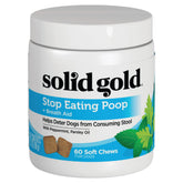Solid Gold No Poo Chews bottle showing deterrent dog treats and gut support.