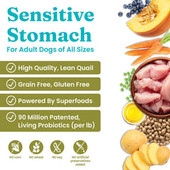 Solid Gold quail-protein dog food close-up shows lean protein for sensitive stomachs