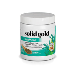Solid Gold SeaMeal bottle shows kelp-based multivitamin for skin and coat health.