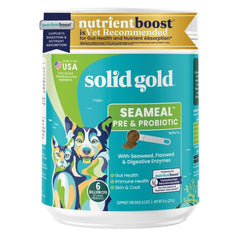 Solid Gold SeaMeal dog probiotic bottle highlighting digestive health support.
