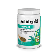Solid Gold SeaMeal powder bottle for pets boosts skin and coat health.