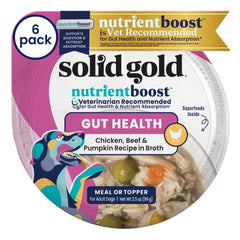 Solid Gold: taza de alimento para perro pollo y carne, sabor que facilita la aceptación en comedores exigentes.