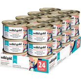 Solid Gold wet cat food shreds in gravy with chicken and mackerel for hydration and flavor.