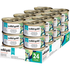 Solid Gold wet cat food shreds in gravy cans showcase real protein and hydration for cats.