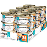 Solid Gold wet cat food shreds in gravy with chicken and pumpkin for hydration and flavor.