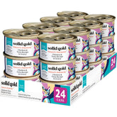 Solid Gold wet cat food shreds in gravy plate with real chicken and tuna for flavorful meals